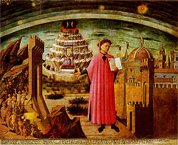 Fresco showing Dante Aligheri holding a copy of his epic poem The Divine Comedy, in the dome of the church of Santa Maria del Fiore in Florence (Florence's cathedral)