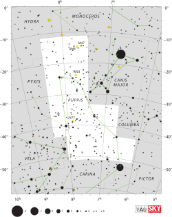 Diagram showing star positions and boundaries of the constellation of Puppis and its surroundings