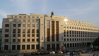 Czech National Bank (CNB) headquarters in Prague. View of the main entrance.