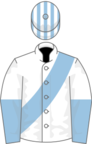 White, light blue sash, halved sleeves, striped cap