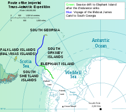  Outline map showing Weddell Sea, Elephant Island and South Georgia with parts of the landmasses of Antarctica and South America. A line indicates the path of the voyage from Elephant Island to South Georgia.