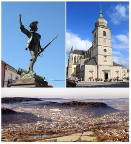 Clockwise from top-left: Statue of the Volunteer of 1792, Remiremont Abbey, a panorama of Remiremont seen from Saint-Mont