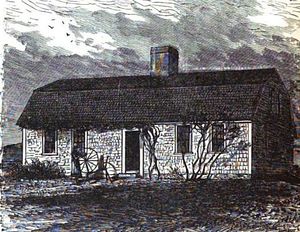 A lithograph of a small, one and a half story shingled house