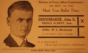 Election flyer naming Diefenbaker and with his photograph, with a recreation of the ballot, urging his election. His hair is still short and dark, and is combed back, and his face appears much the way it will in later years. He wears a jacket and tie.