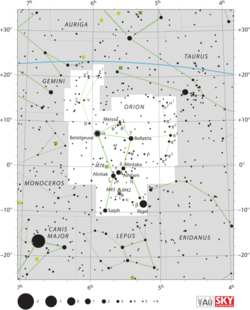 Diagram showing star positions and boundaries of the Orion constellation and its surroundings