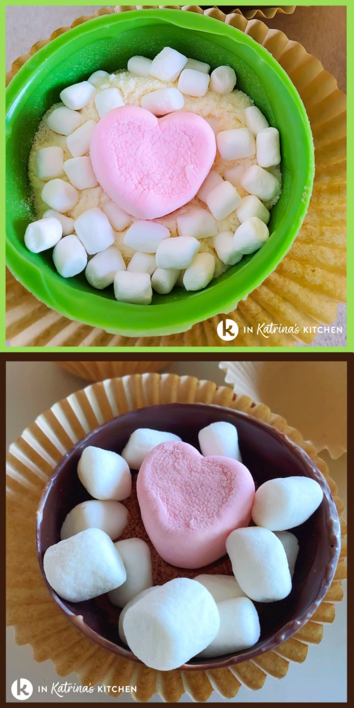 inside of hot chocolate bombs with a pink heart marshmallow and mini marshmallows