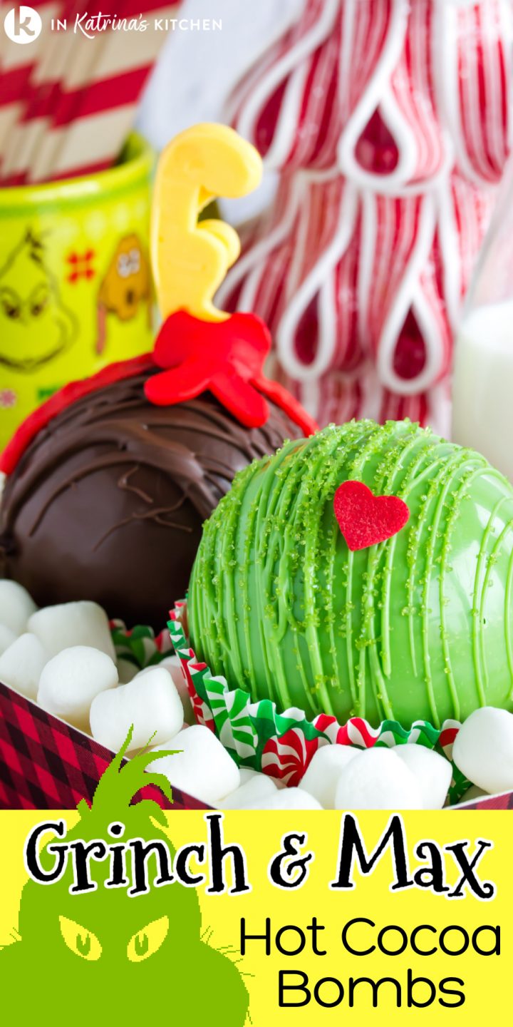 hot chocolate bombs made to look like Grinch and Max from the animated movie- green with a heart and brown with an antler and bow