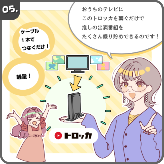 お家のテレビにトロッカを繋ぐだけで沢山撮り溜めできる！