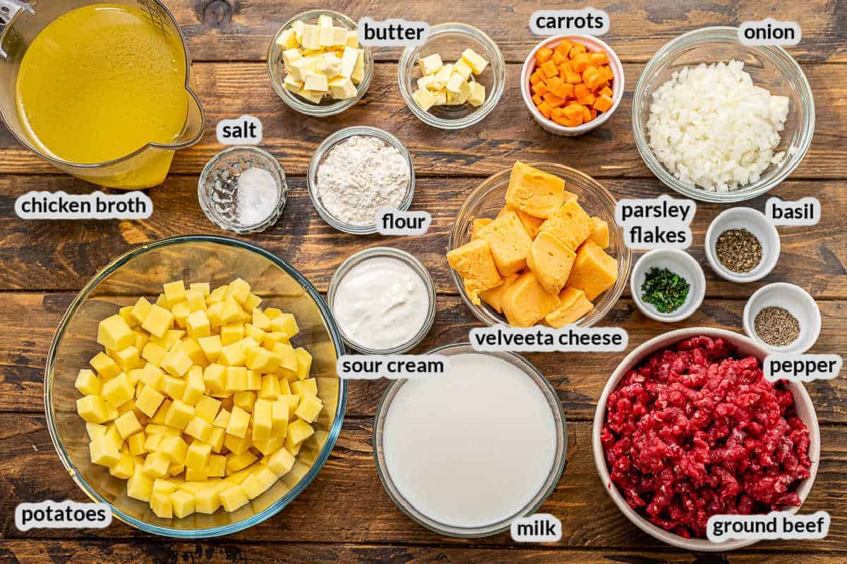 Overhead Image of Cheeseburger Soup Ingredients