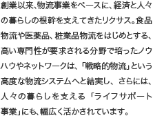 50年間、物流事業をベースに、経済と人々の暮らしの根幹を支えてきたリクサス。食品物流や医薬品、粧業品物流をはじめとする、高い専門性が要求される分野で培ったノウハウやネットワークは、「戦略的物流」という高度な物流システムへと結実し、さらには、人々の暮らしを支える「ライフサポート事業」にも、幅広く活かされています。