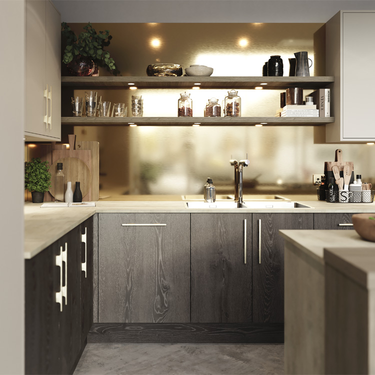 Floating shelves on a gold splashback