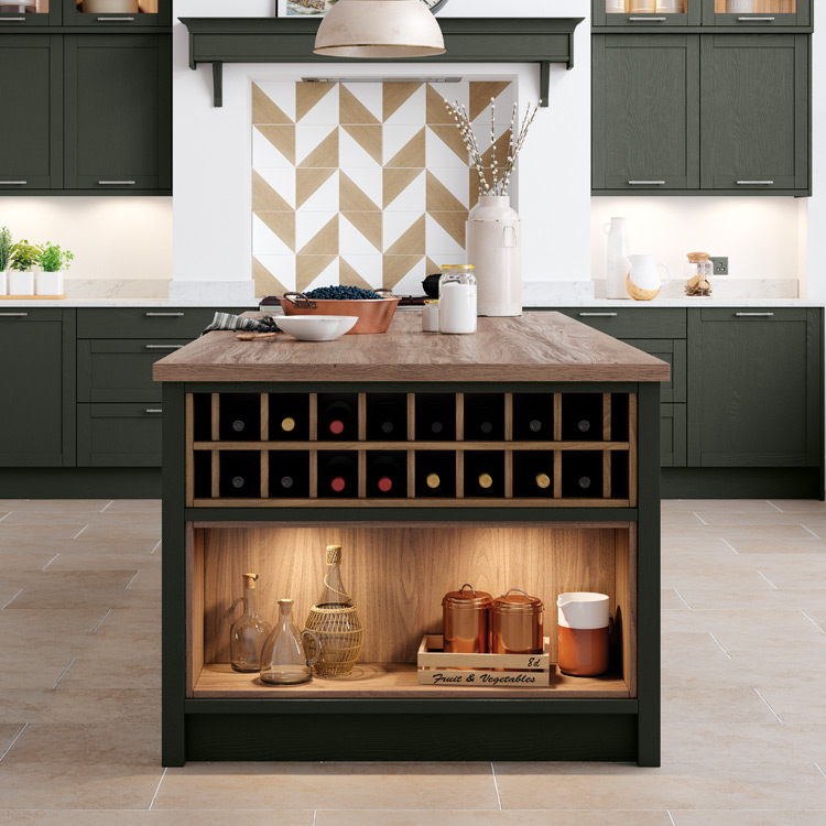 Open shelving built into a kitchen island