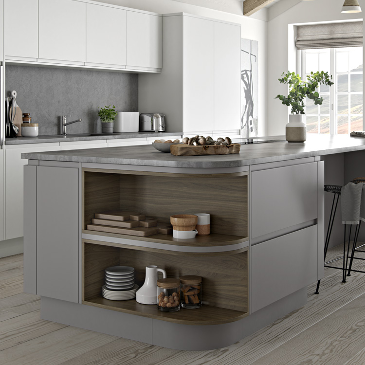 Open corner shelving in a grey kitchen island