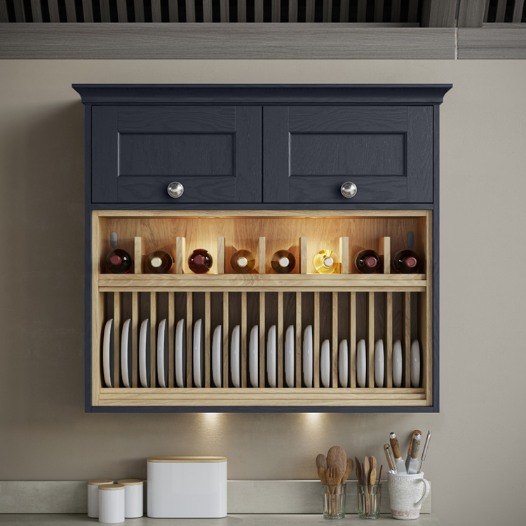 Open shelving with plate rack and bottle rack