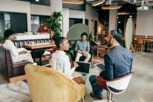 A group of colleagues having a meeting.