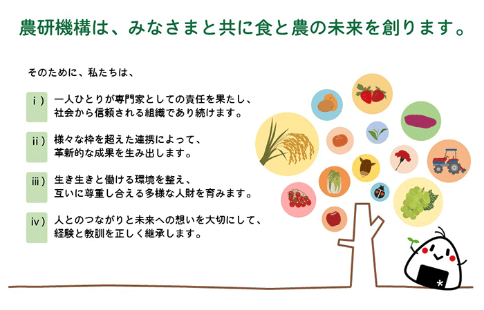 ビジョンステートメント 農研機構は、みなさまと共に食と農の未来を創ります。そのために、私たちは、1.一人ひとりが専門家としての責任を果たし、社会から信頼される組織であり続けます。 2.様々な枠を超えた連携によって、革新的な成果を生み出します。 3.生き生きと働ける環境を整え、互いに尊重し合える多様な人財を育みます。 4.人とのつながりと未来への想いを大切にして、経験と教訓を正しく継承します。 