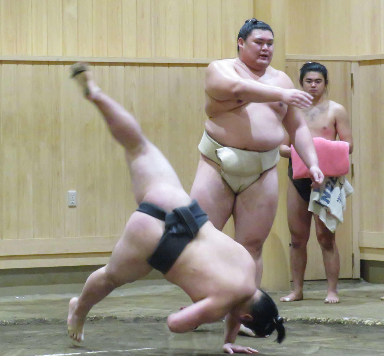 今年最初の稽古で若い衆に胸を出した大の里（手前から2人目）