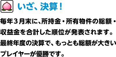 いざ、決算！ 毎年3月末に、所持金・所有物件の総額・収益金を合計した順位が発表されます。最終年度の決算で、もっとも総額が大きいプレイヤーが優勝です。