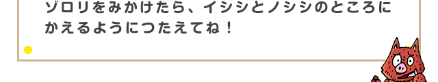 ゾロリをみかけたら、イシシとノシシのところにかえるようにつたえてね！