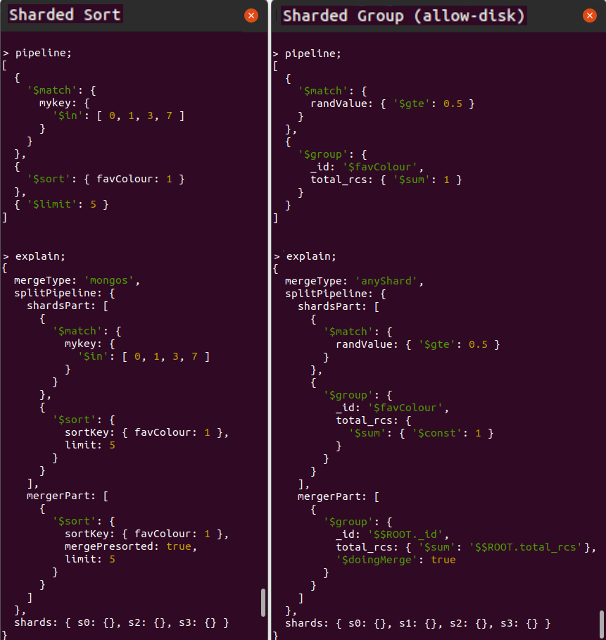 Two example aggregation pipeline explain plans showing split pipelines and merger locations