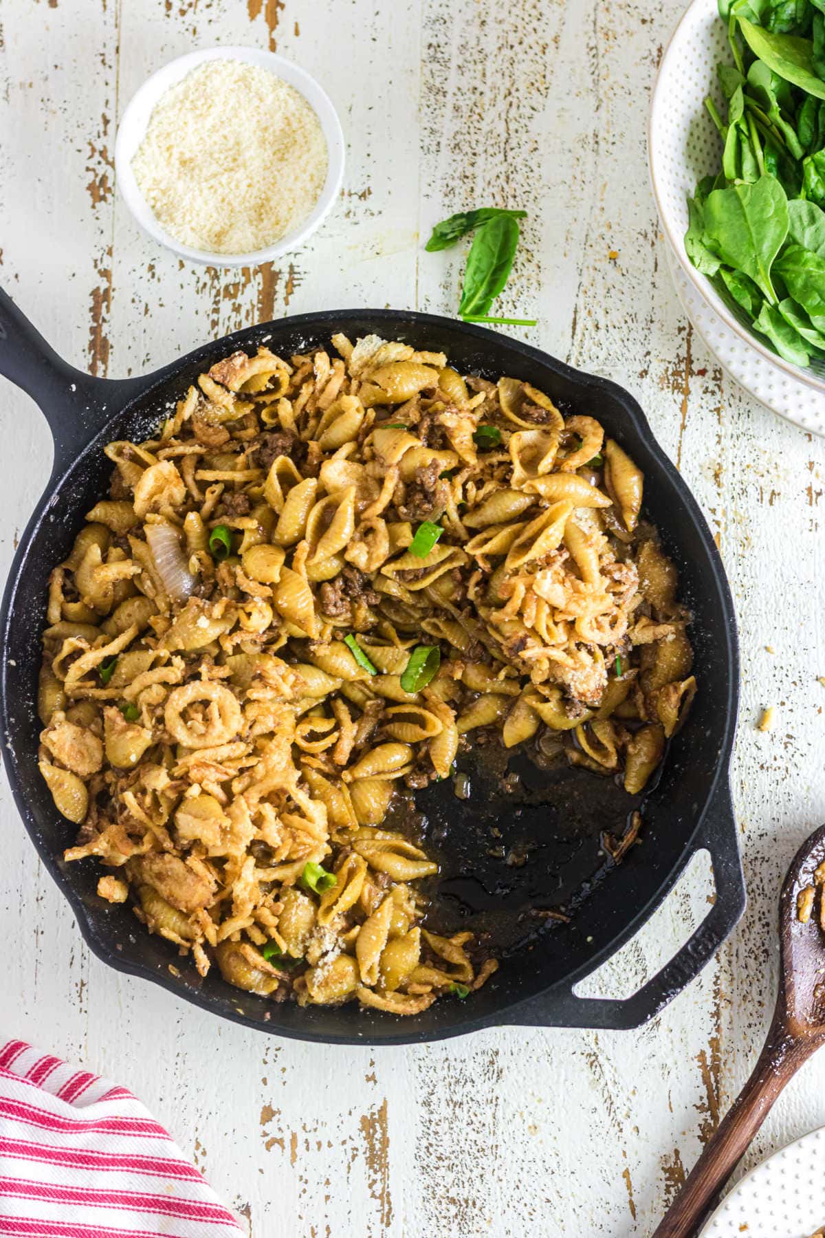 Overhead view of ground beef French onion casserole.