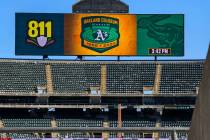 A view of the stadium scoreboard at the Oakland Coliseum is seen, Sept. 2, 2024, in Oakland, Ca ...