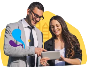 A man and woman viewing Rosetta Stone on a tablet together