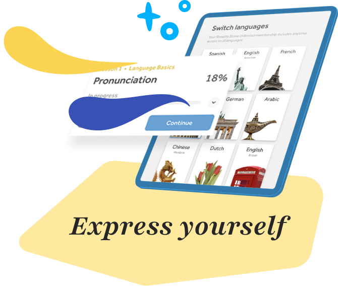 Rosetta Stone application running on a tablet above the words Express Yourself