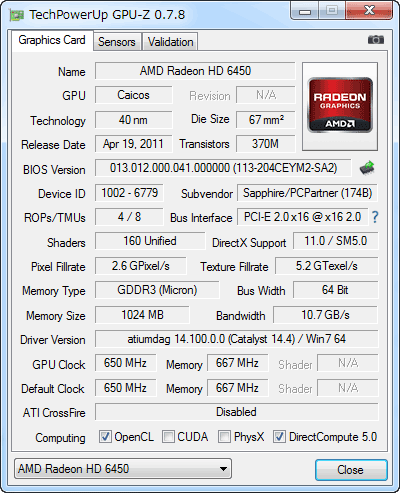 GPU-Z SAPPHIRE HD6450 1G DDR3 PCI-E