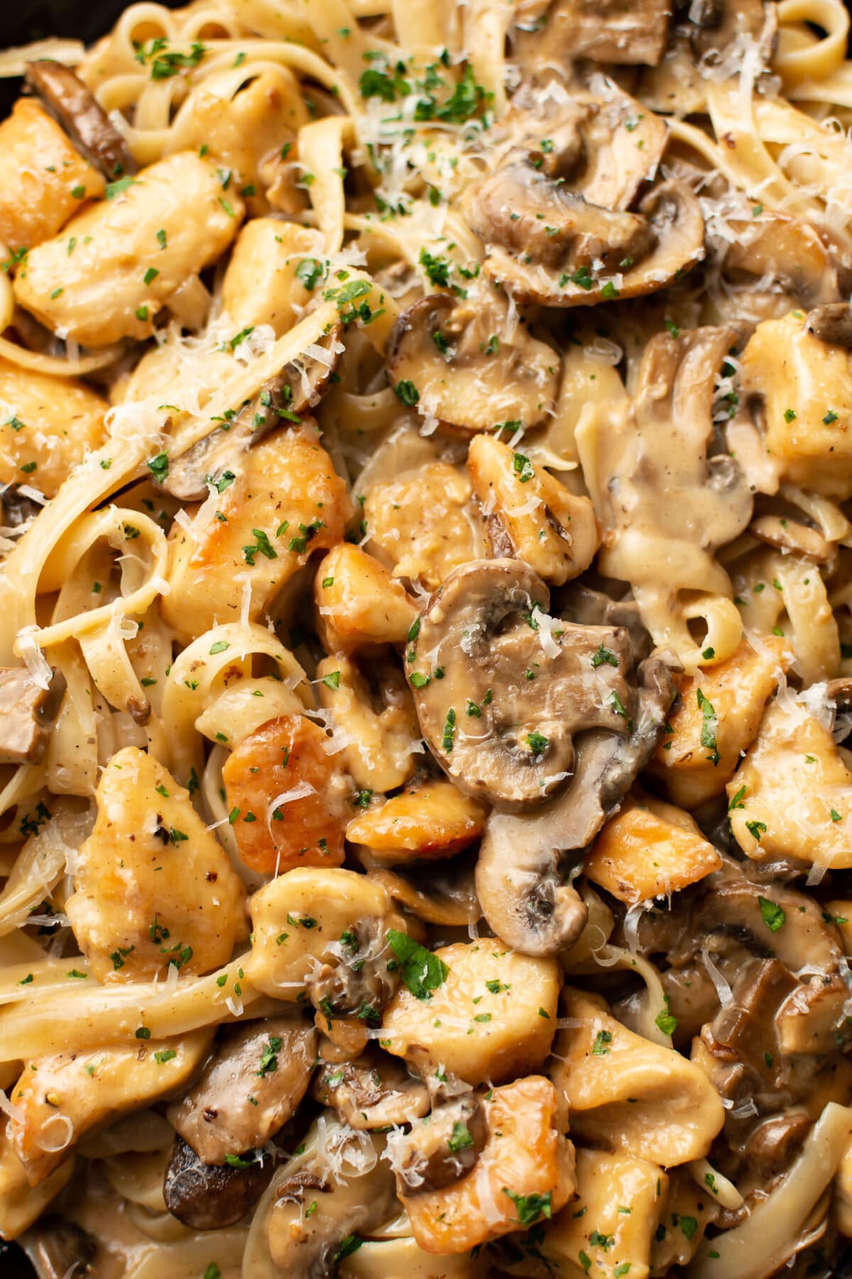 closeup of chicken marsala pasta in a skillet