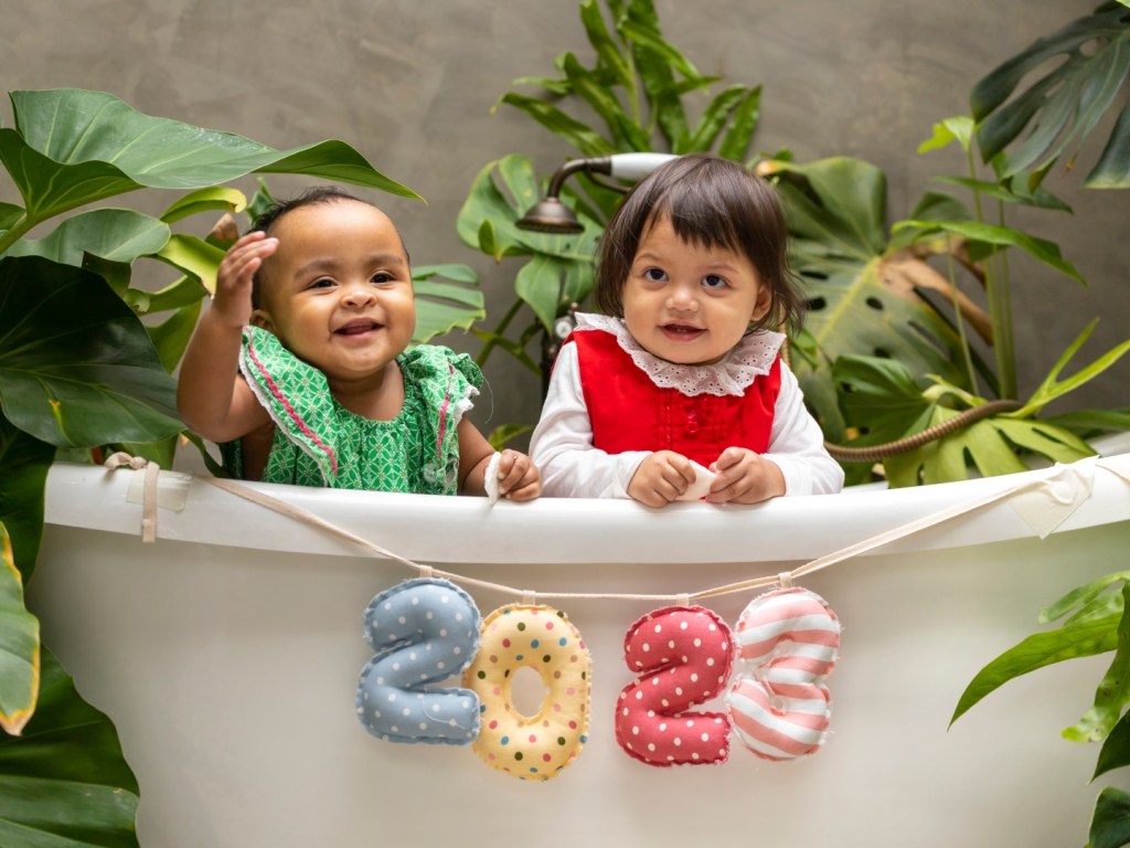 Two diversity baby toddler sitting together with 2023 happy new year sign for season celebration for happiness and kid concept - stock photo
Two diversity baby toddler sitting together with 2023 happy new year sign for season celebration for happiness and kid usage