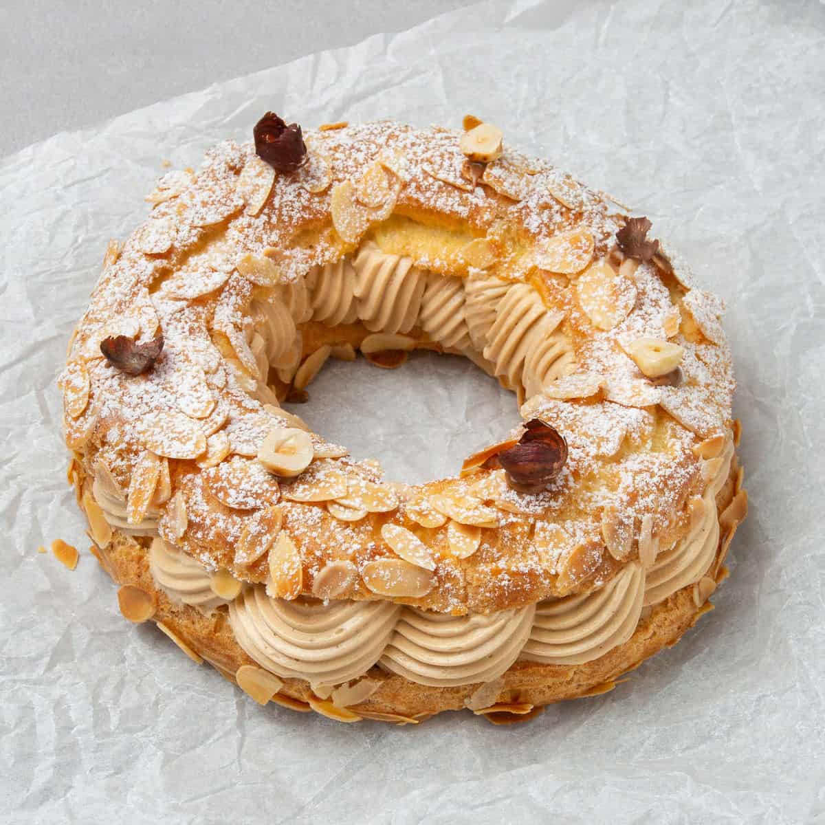 Paris-Brest on a white baking paper.