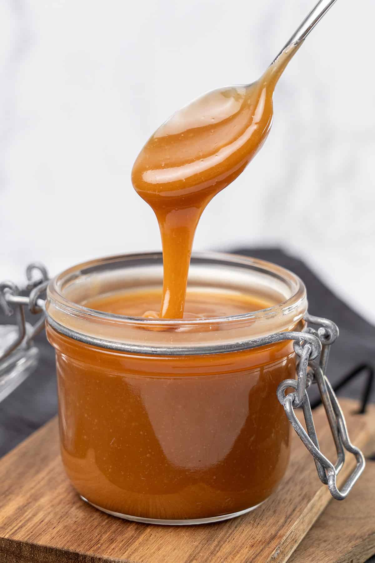 Homemade caramel in a jar.