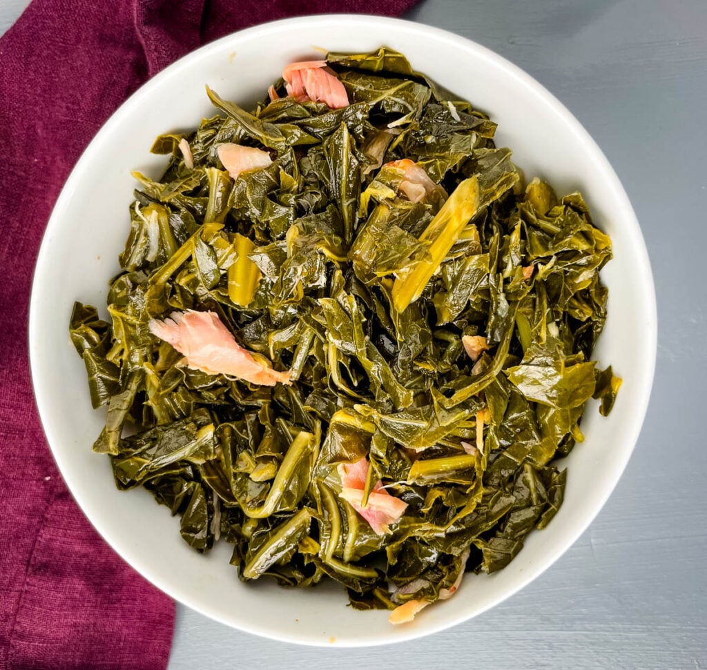 southern collard greens in a white bowl