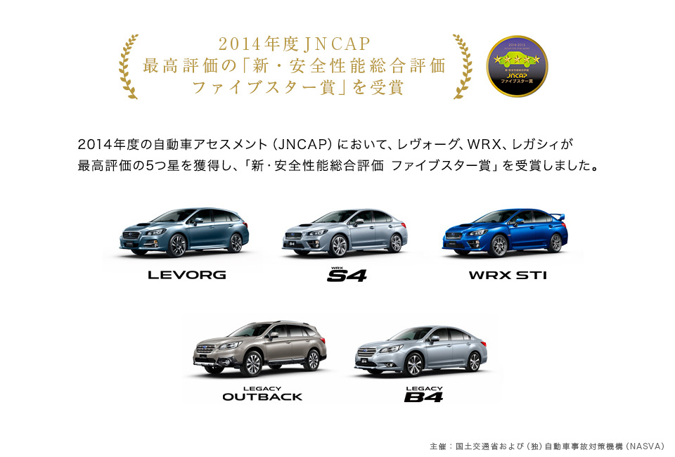 2014年度JNCAP 最高評価の「新・安全性能総合評価ファイブスター賞」を受賞。2014年度の自動車アセスメント（JNCAP）において、レヴォーグ、WRX、レガシィが最高評価の5つ星を獲得し、「新・安全性能総合評価 ファイブスター賞」を受賞しました。