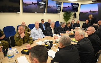 Israeli Prime Minister Benjamin Netanyahu, centre, during a war cabinet meeting in Tel Aviv last April