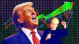 A photo illustration of Donald Trump, Elon Musk, and a betting market graph.