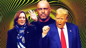 A photo illustration of Kamala Harris, Joe Rogan, and Donald Trump