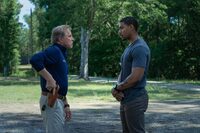 Rebel Ridge. (L-R) Don Johnson as Chief Sandy Burnne and Aaron Pierre as Terry Richmond in Rebel Ridge. Cr. Allyson Riggs/Netflix © 2024.