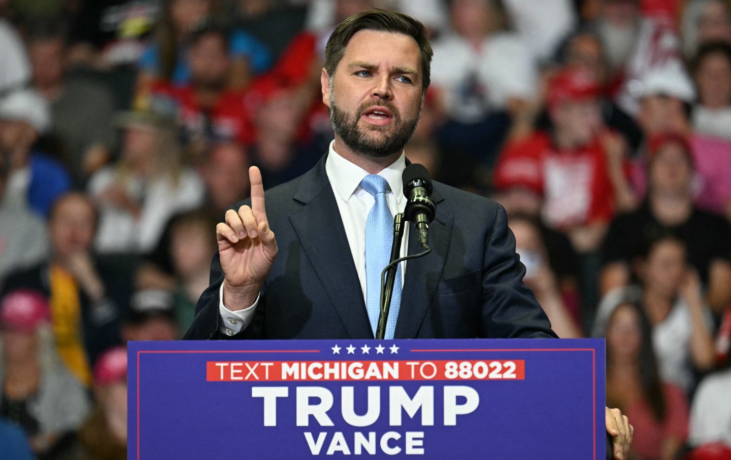 Republican vice presidential nominee Senator J.D. Vance speaks at a campaign rally in Van Andel Arena in Grand Rapids, Michigan, on July 20, 2024.