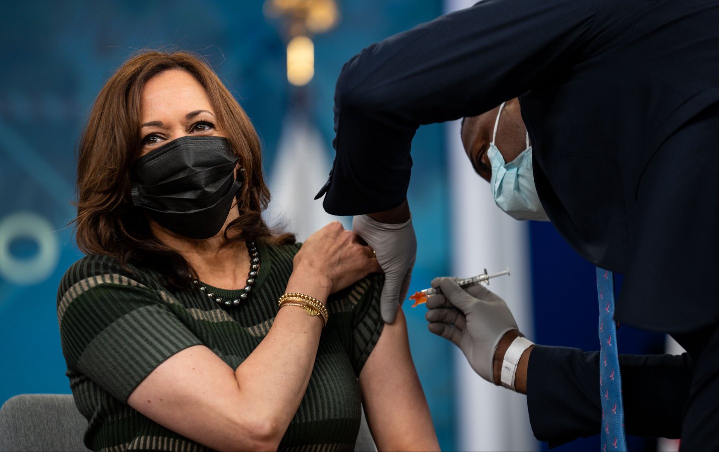 Kamala Harris receives a booster shot of the Moderna Covid-19 vaccine at the South Court Auditorium in the Eisenhower Executive Office Building on the White House Campus, on Saturday, Oct. 30, 2021 in Washington, DC.