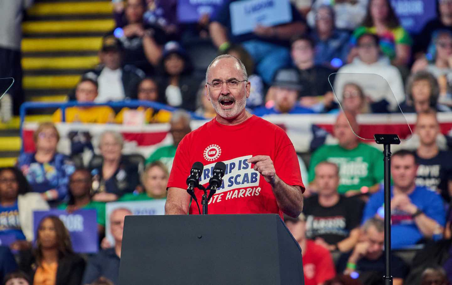 Shawn Fain, president of the United Auto Workers union, during a rally at the Dort Financial Center in Flint, Michigan, for Vice President Kamala Harris, on October 4, 2024.