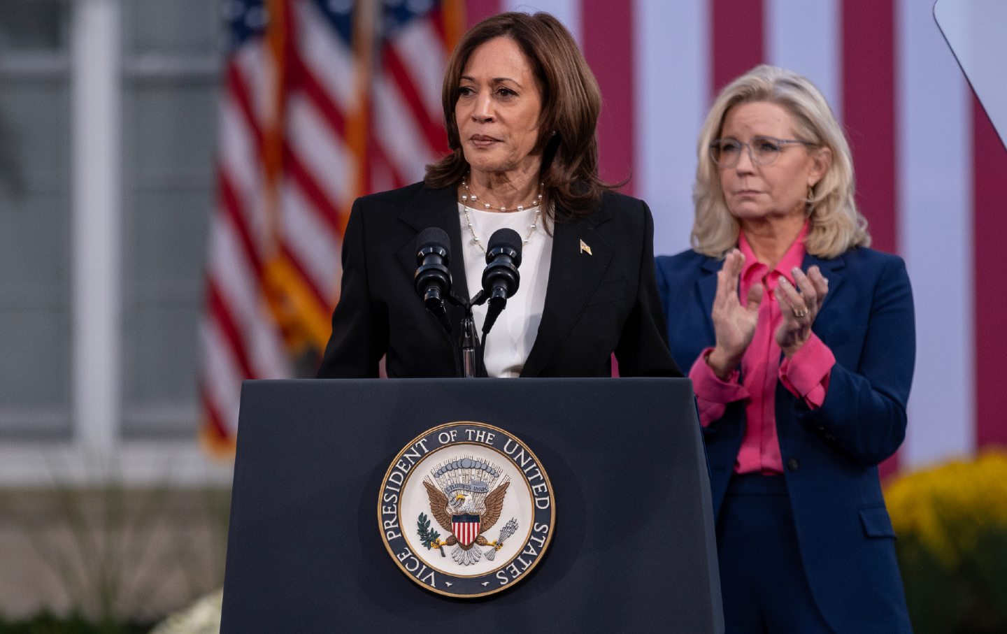 Democratic presidential nominee Vice President Kamala Harris speaks during a rally at Ripon College on October 3, 2024, in Ripon, Wisconsin.