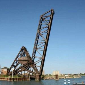 Moveable railroad bridge in upright position