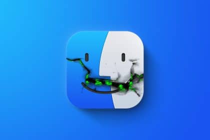 Cracked macOS Finder icon with green malware inside.