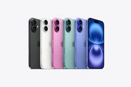 Lineup of iPhone 16 models in various colours.