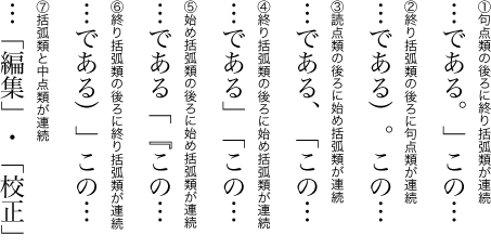 括弧類や句読点などが連続する場合の不適切な配置例