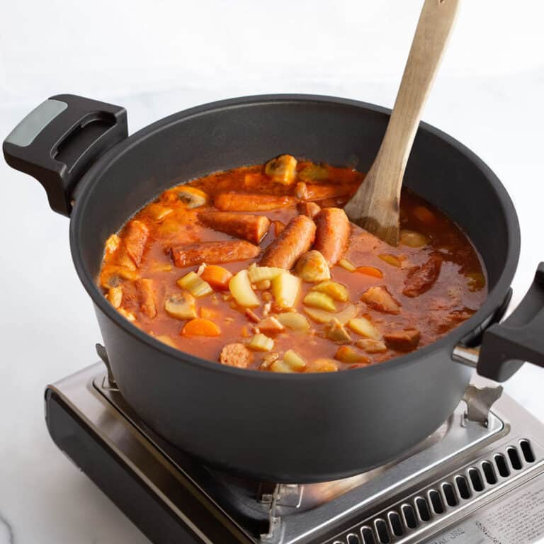 Cooking a stew over a gas cooker in a Remoska.