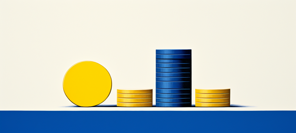 Blue and gold coins in a stack on a table